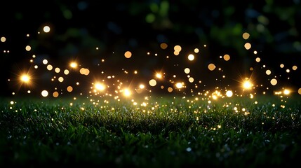 Naklejka premium Magical glowing orbs of light floating over dark grass at night create enchanting bokeh effect, nature fantasy scene with sparkling illumination and dreamy atmosphere.