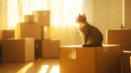 Fototapeta premium Cozy Cat Relaxing on Moving Boxes in Sunlit Room