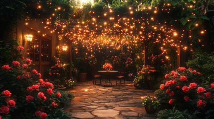 Romantic Garden at Night with Hanging Lights