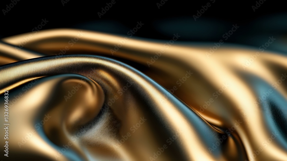 Poster luxurious golden silk fabric with soft waves and folds creates elegant abstract background texture. 