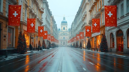 Fototapeta premium Festive street decorations with red and white Austrian banners celebrating National Day