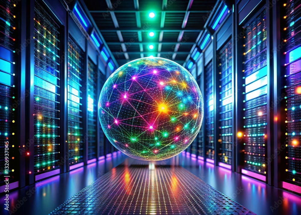Poster futuristic data center hologram: abstract network sphere animation