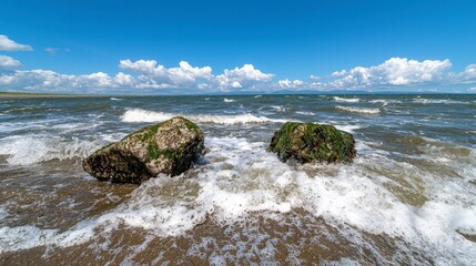 Mossy Rocks in a Gently Waving Sea Under a Bright Blue Sky