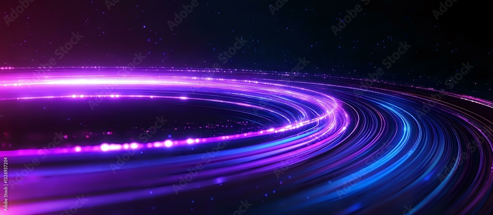 Poster glowing neon light trails curve through dark space creating dynamic motion effect with vibrant purpl