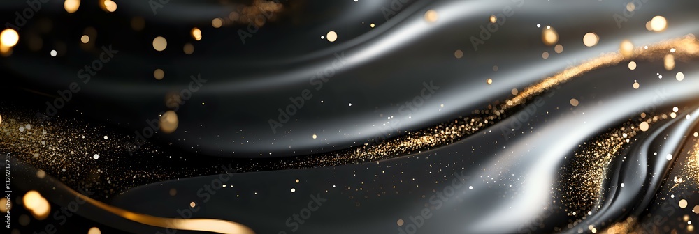 Poster luxurious black and gold abstract waves with glowing particles and bokeh lights create elegant flowi