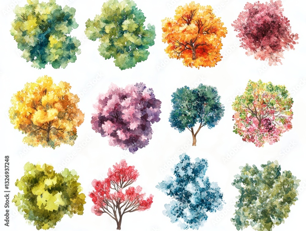 Poster watercolor tree top view for landscape plan and architecture layout with clean lines and natural ele