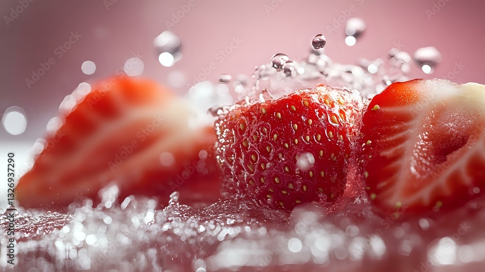 Poster fresh ripe strawberry slices with water drops and splashes on pink background, extreme close up macr