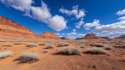 Naklejka premium Vast Desert Landscape Featuring Majestic Rock Formations Beneath Dramatic Clouds : Generative AI