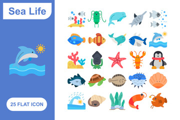 Sea Life Flat Icon Set, Collection of 25 Sea Life Flat Icon Set – 25 Fish, Coral, and Marine Creatures Icons
