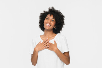 Happy impressed afro-american woman girl female student say thank you, holding hands on heart...