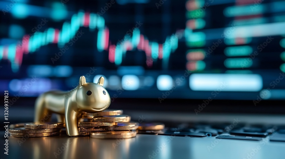 Poster golden bull figurine overlooks stacked coins with market graphs displayed on laptop screen in financ