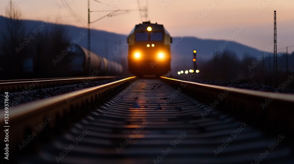 Poster dramatic sunset view of a train approaching on railway tracks with glowing headlights : generative a
