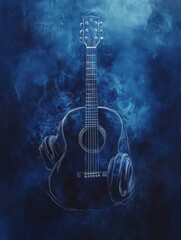 Naklejka premium Ethereal Acoustic Guitar Sketch with Headphones on a Smoky Blue Background, Symbolizing Music, Melody, and Relaxation. Ideal for Music Websites, Album Covers, and Audio Streaming Services.