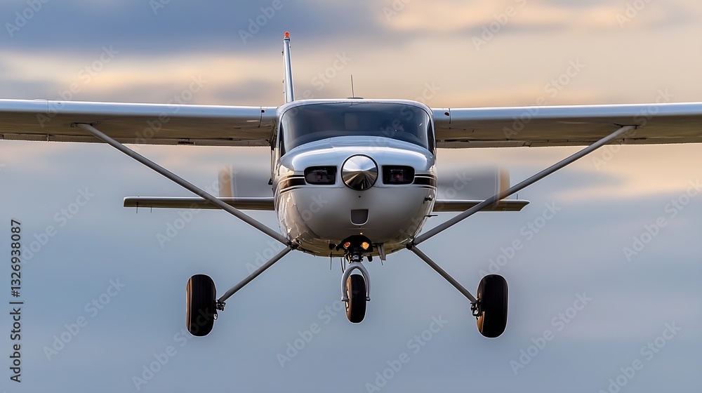 Poster stunning close up view of a silver airplane landing against a cloudy sky at sunset : generative ai