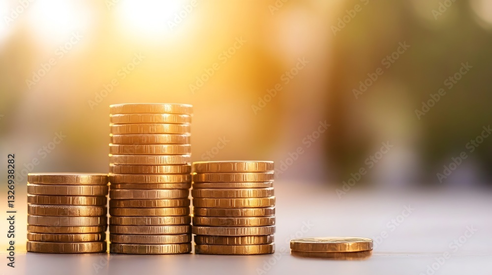 Fototapete Stacks of shiny gold coins creating a financial growth concept with warm sunlight blurring in the background : Generative AI