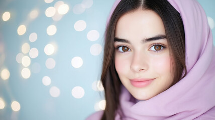 Young Woman with Soft Smile and Hijab Against Bokeh Lights Background