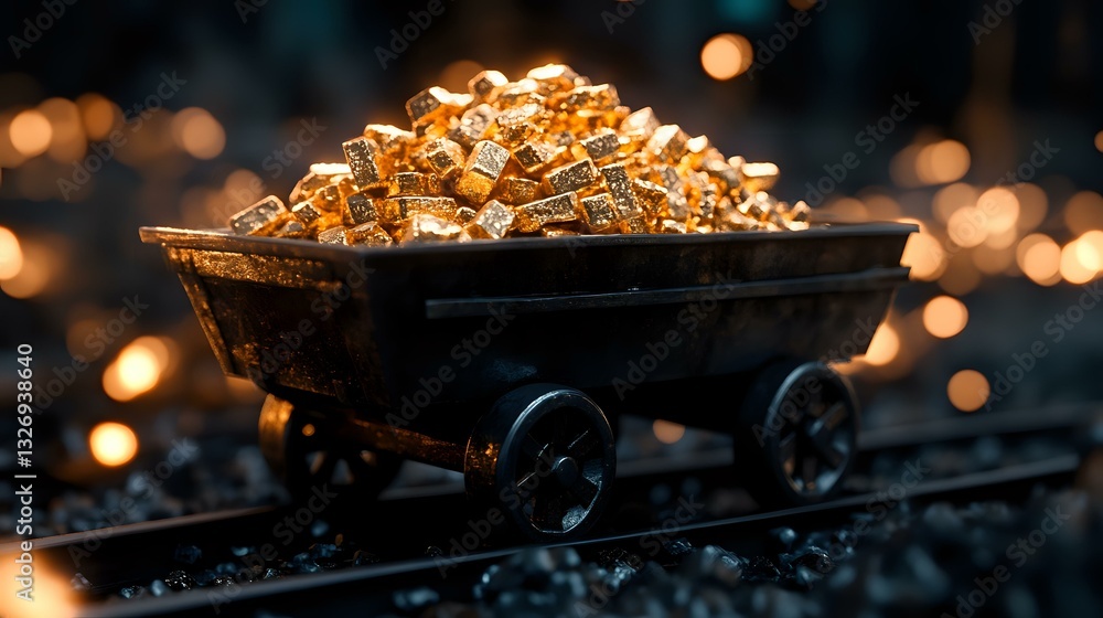 Poster mining cart filled with glowing golden nuggets on railway tracks against dark background with bokeh 
