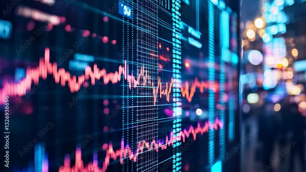Poster abstract close-up view of stock market screen with fluctuating graphs and bright lights showcasing f