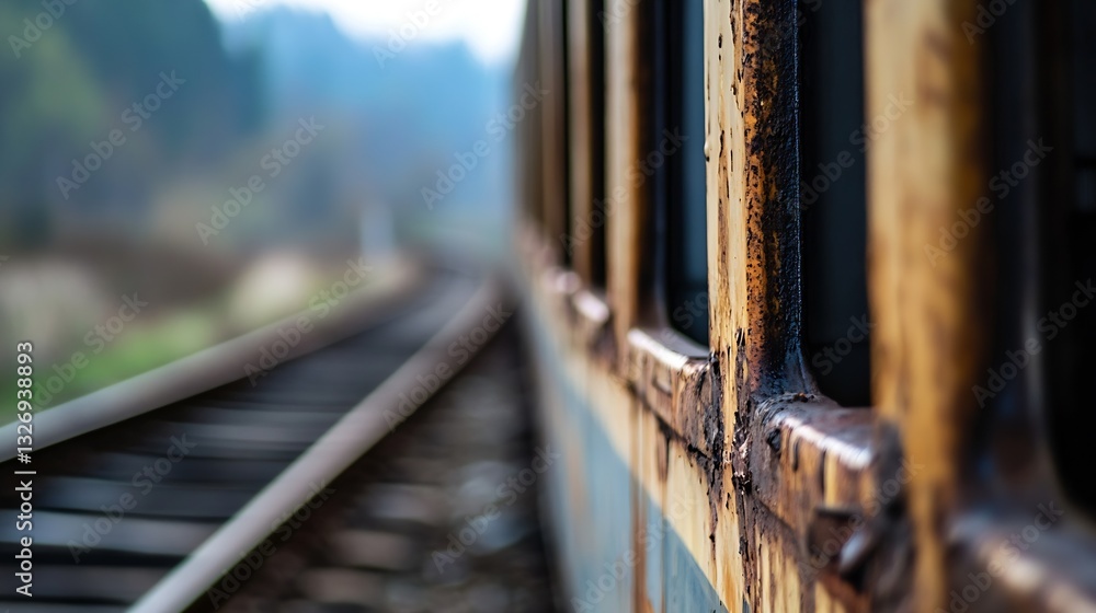 Poster Rusty train carriage closeup showing weathered details and railway tracks fading into the background : Generative AI