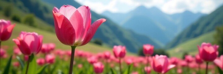 Close-up of pink tulip flower blooming in serene mountain meadow, meadow, wild