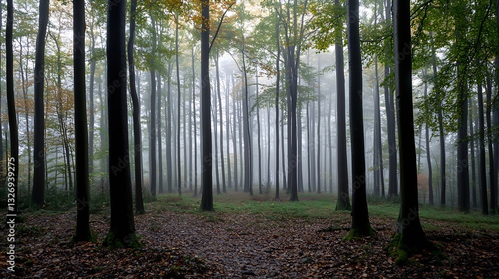 Poster Dense fog envelops a tranquil forest path creating an ethereal and mysterious atmosphere : Generative AI