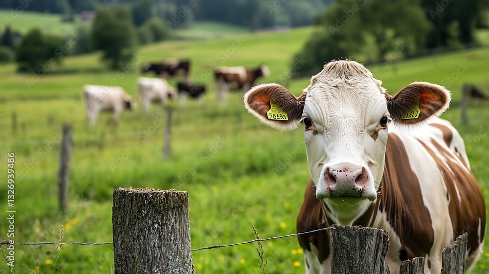 Poster close up of a curious cow on a farm with lush green fields in the background showcasing rural beauty
