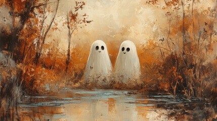 Whimsical Ghosts Standing in a Fall Field with Oranges and Browns Neutral Colors Vintage Oil Painting on Canvas