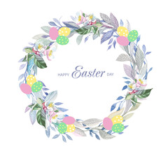 easter card with text place in circle frame flowers apple tree and green leaves