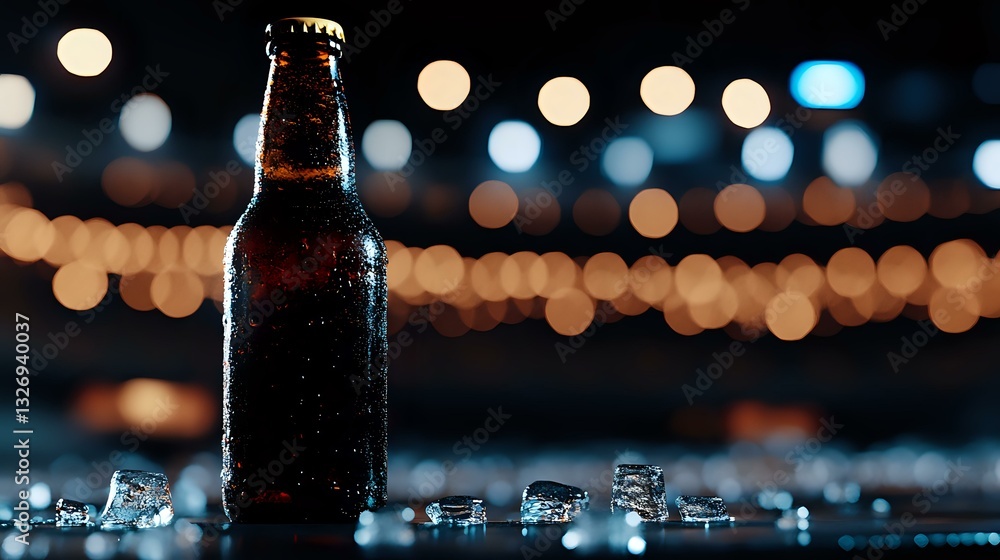 Aufkleber cold beer bottle with water drops on dark background with bokeh lights and ice cubes, moody atmosphe