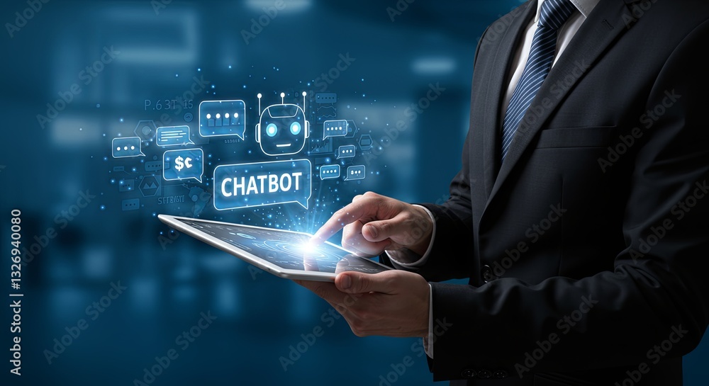 Poster a man is holding a tablet with a chatbot on it