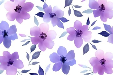 Delicate watercolor floral pattern with purple and lavender flowers, navy blue leaves on white background. Seamless repeat design for fabric, wallpaper and stationery.