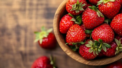 Fresh Juicy Ripe Strawberries in a Beautiful Wooden Bowl on Rustic Table : Generative AI