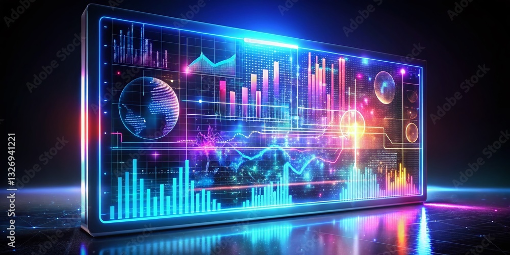 Poster futuristic holographic data analytics display - vibrant glowing screen isolated on dark background