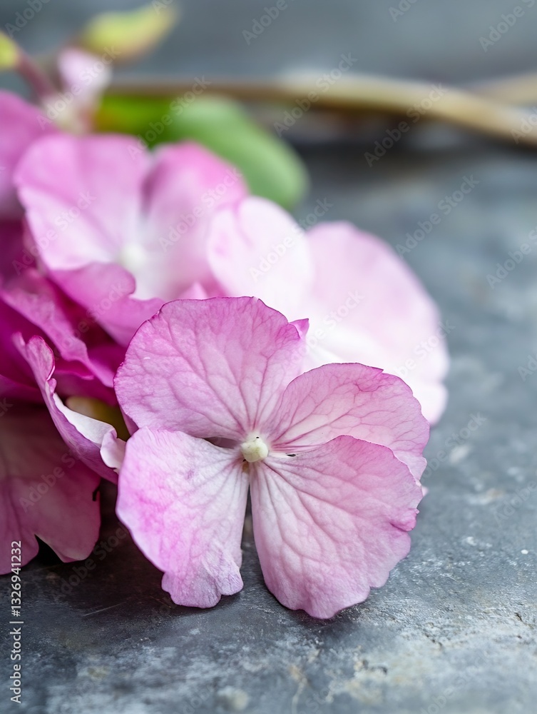 Poster a closeup shot of delicate pink hydrangea petals resting on a textured surface : generative ai