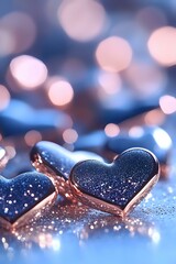 Obraz premium Rose gold heart pendants with navy blue glitter against blurred bokeh background, romantic sparkle effect creates dreamy atmosphere for Valentine's Day designs.
