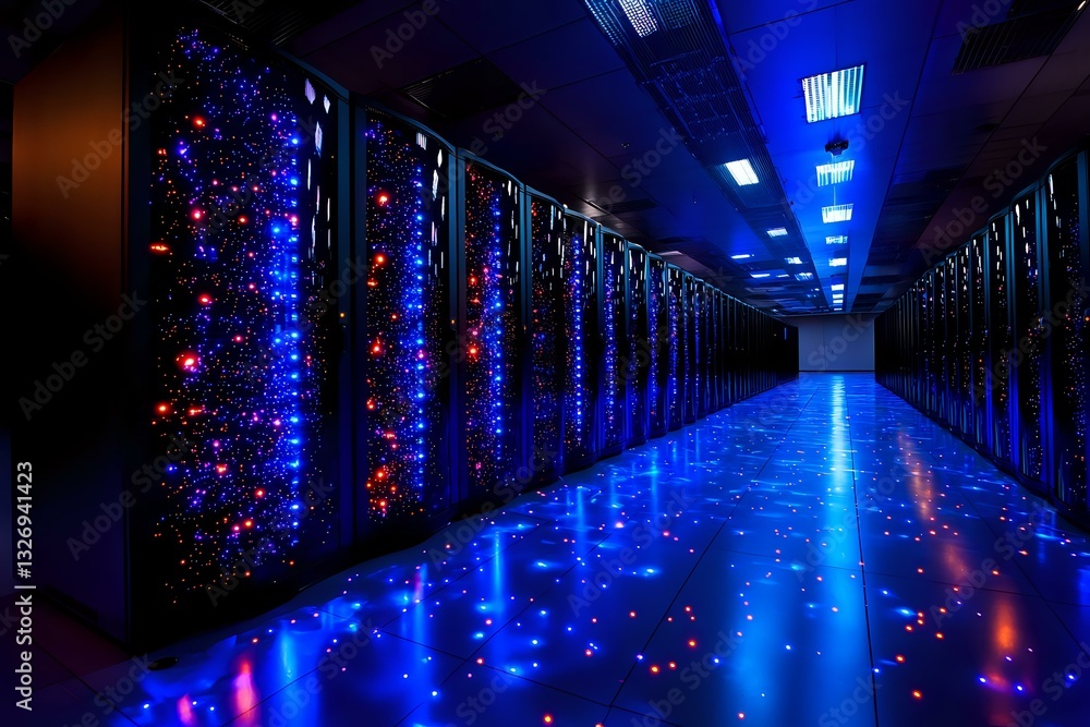 Poster modern data center corridor with rows of server racks illuminated by dramatic blue led lighting, cre
