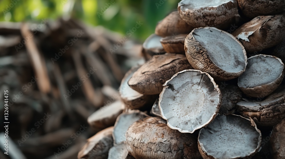 Aufkleber closeup view of stacked natural logs and wood piles ready for use : generative ai