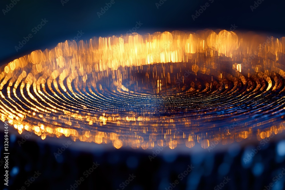 Poster glowing spiral pattern with orange light reflections on metallic surface creates dramatic abstract b