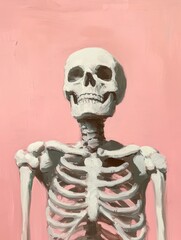 Whimsical Oil Painting of Friendly Skeleton on Pastel Pink Background with Neutral Tones and Clean Lines