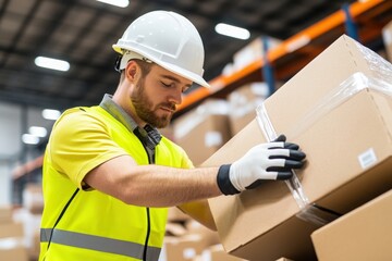 A worker in a safety helmet and vest carefully handles a cardboard box in a warehouse setting.