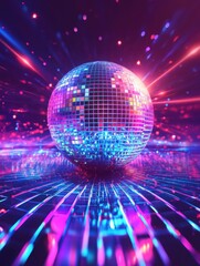 Vibrant Disco Ball on Neon Grid Background, Symbolizing Nightlife, Party, and Celebration. Ideal for Music Events, Dance Clubs, Festival Posters, and Nightlife Branding.