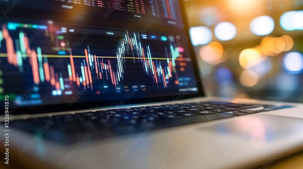Aufkleber Close up of a laptop screen displaying stock market data with dynamic trading charts and graphs : Generative AI