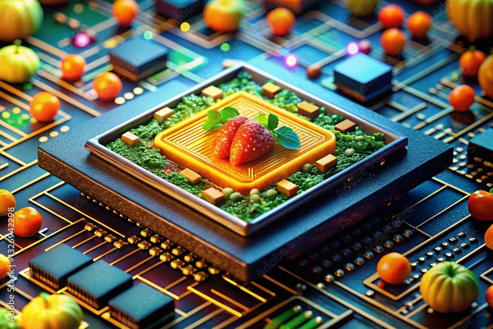 Poster futuristic microchip: close-up of advanced processor with glowing circuitry
