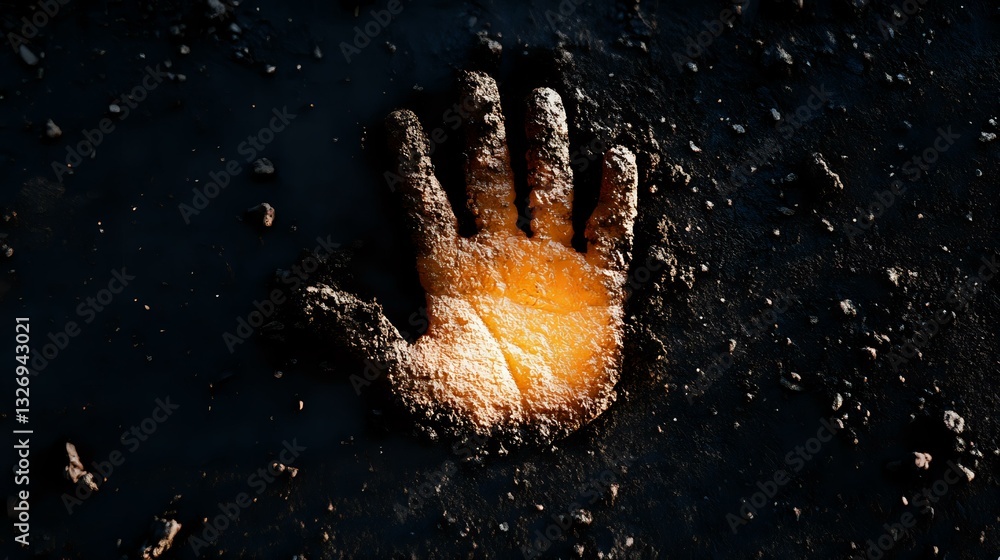 Poster glowing handprint in scattered flour on dark background creates mysterious atmospheric composition w