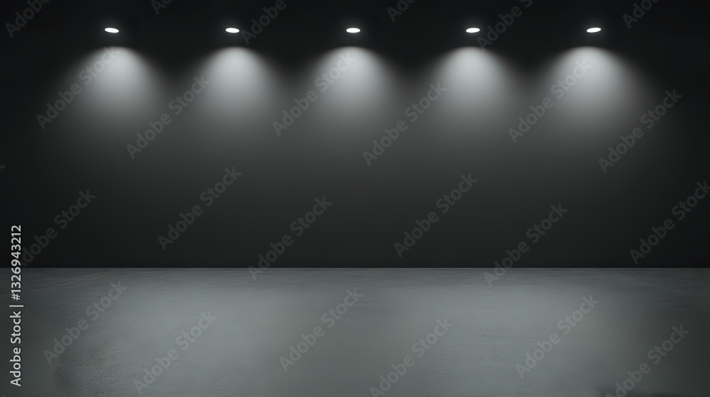 Poster dark empty room with five ceiling spotlights casting dramatic cone-shaped beams on black wall, creat