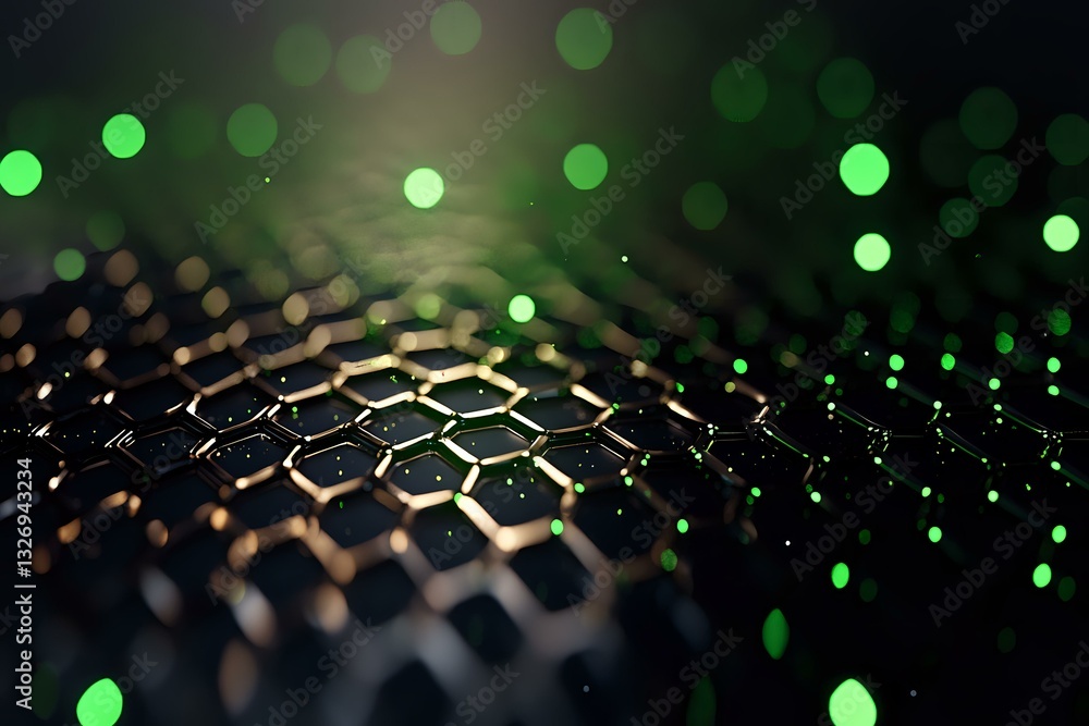Aufkleber futuristic honeycomb metallic surface with green bokeh lights and shallow depth of field creating mo