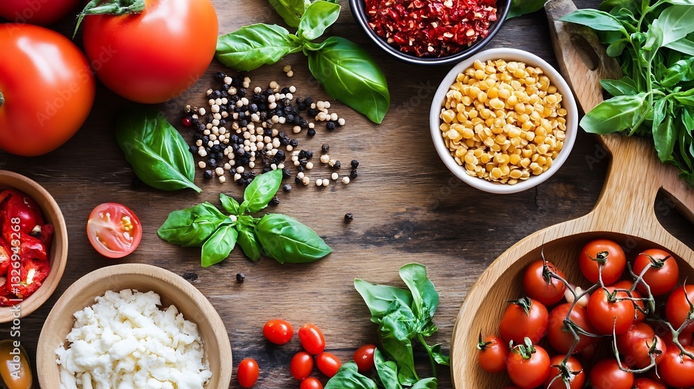 Aufkleber fresh vegetables and spices arranged on a wooden kitchen table for a vibrant culinary display : gene
