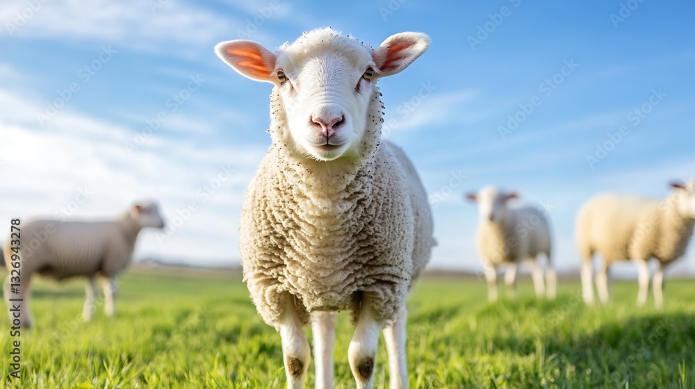 Poster a close up view of a fluffy sheep standing in a green field under a beautiful blue sky : generative 