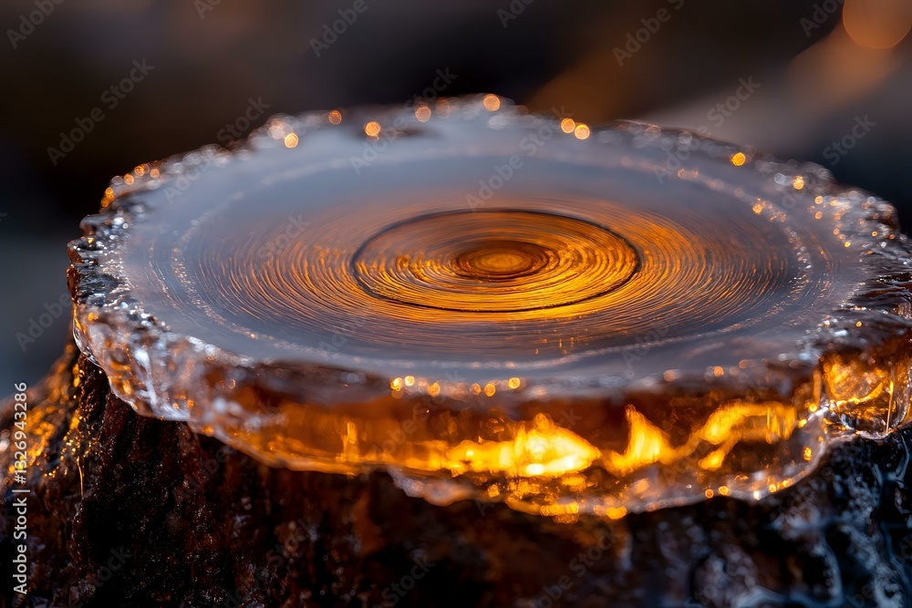 Poster frozen lake surface with glowing sunset light creating circular pattern in ice. natural winter pheno