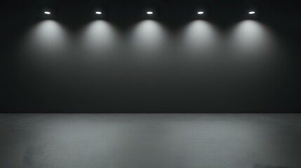 Dark empty room with five ceiling spotlights casting dramatic cone-shaped beams on black wall, creating atmospheric lighting effect for product display or gallery space.